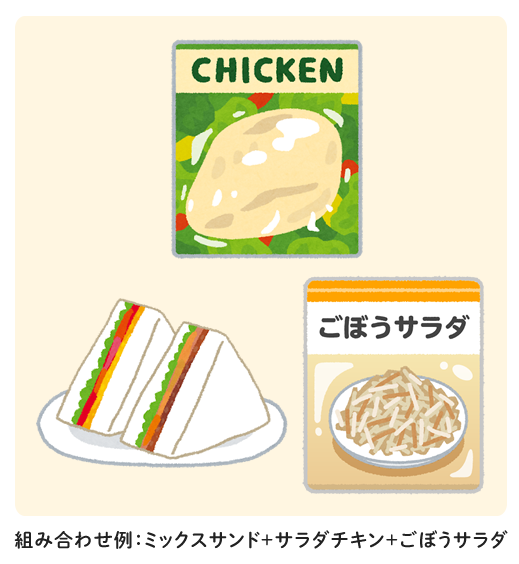 組み合わせ例：ミックスサンド＋焼き鳥＋ごぼうサラダ